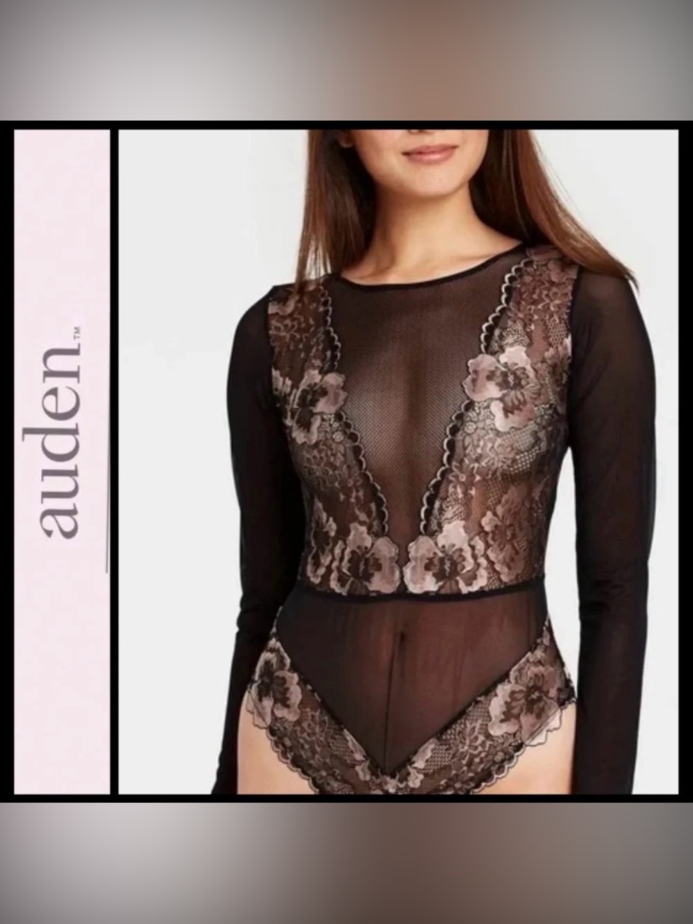 Auden Black Sheer Long-Sleeve Lace Bodysuit with Taupe Floral Appliqué